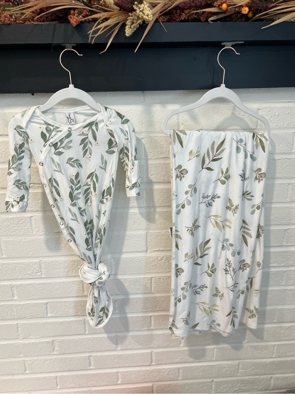 Copper Pearl Neutral Leaf-Print Baby Knot Gown & Swaddle Blanket